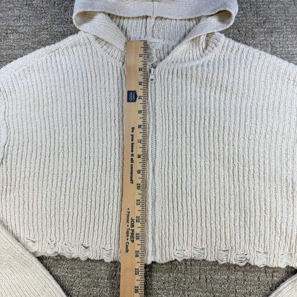 Full Tilt Cropped Knit Hoodie Sweater Womens M Ivory Zip Up Distressed Hem Y2K - Picture 11 of 11